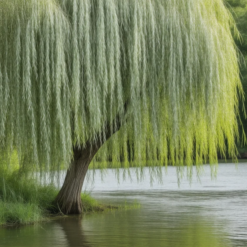 A white willow tree beside a river