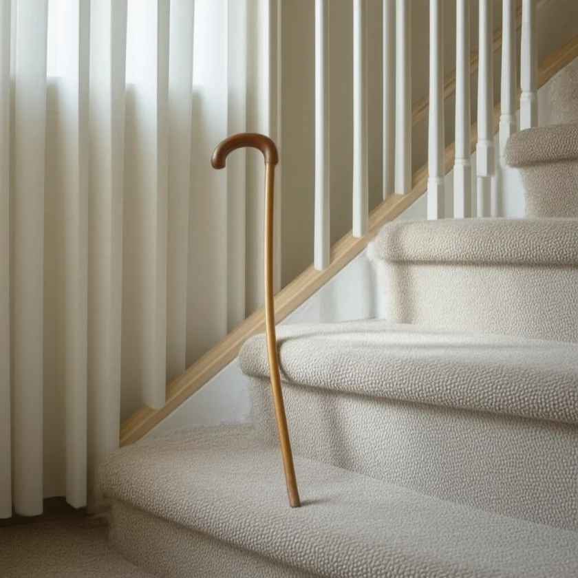 A walking cane at the foot of a staircase