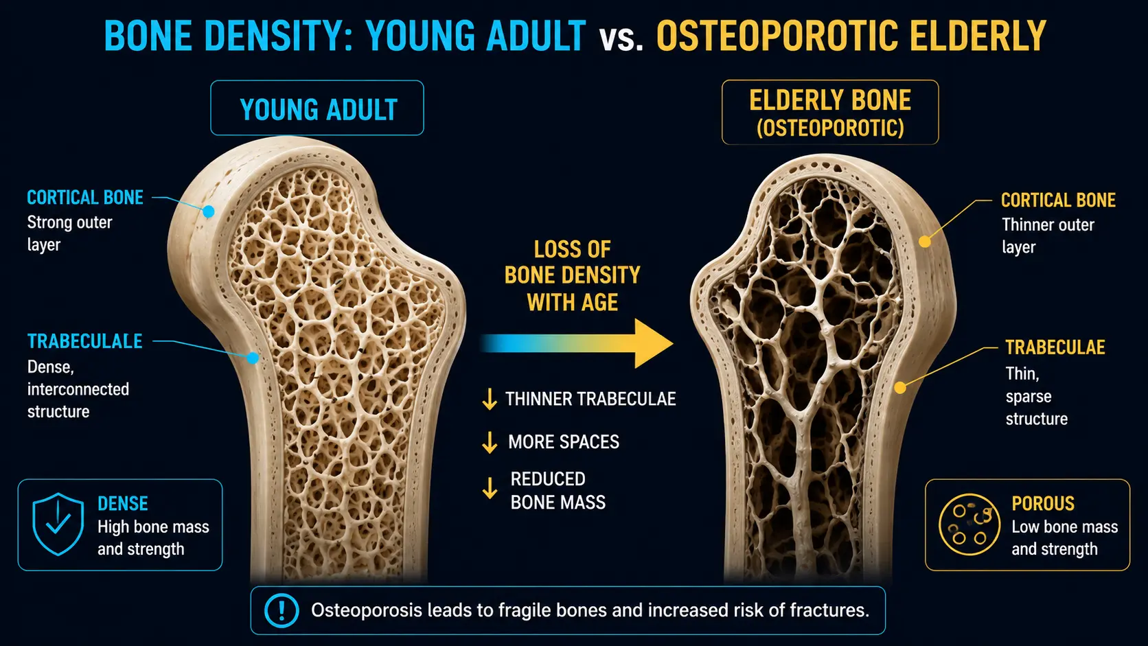 Bone density loss with aging: cortical and trabecular bone