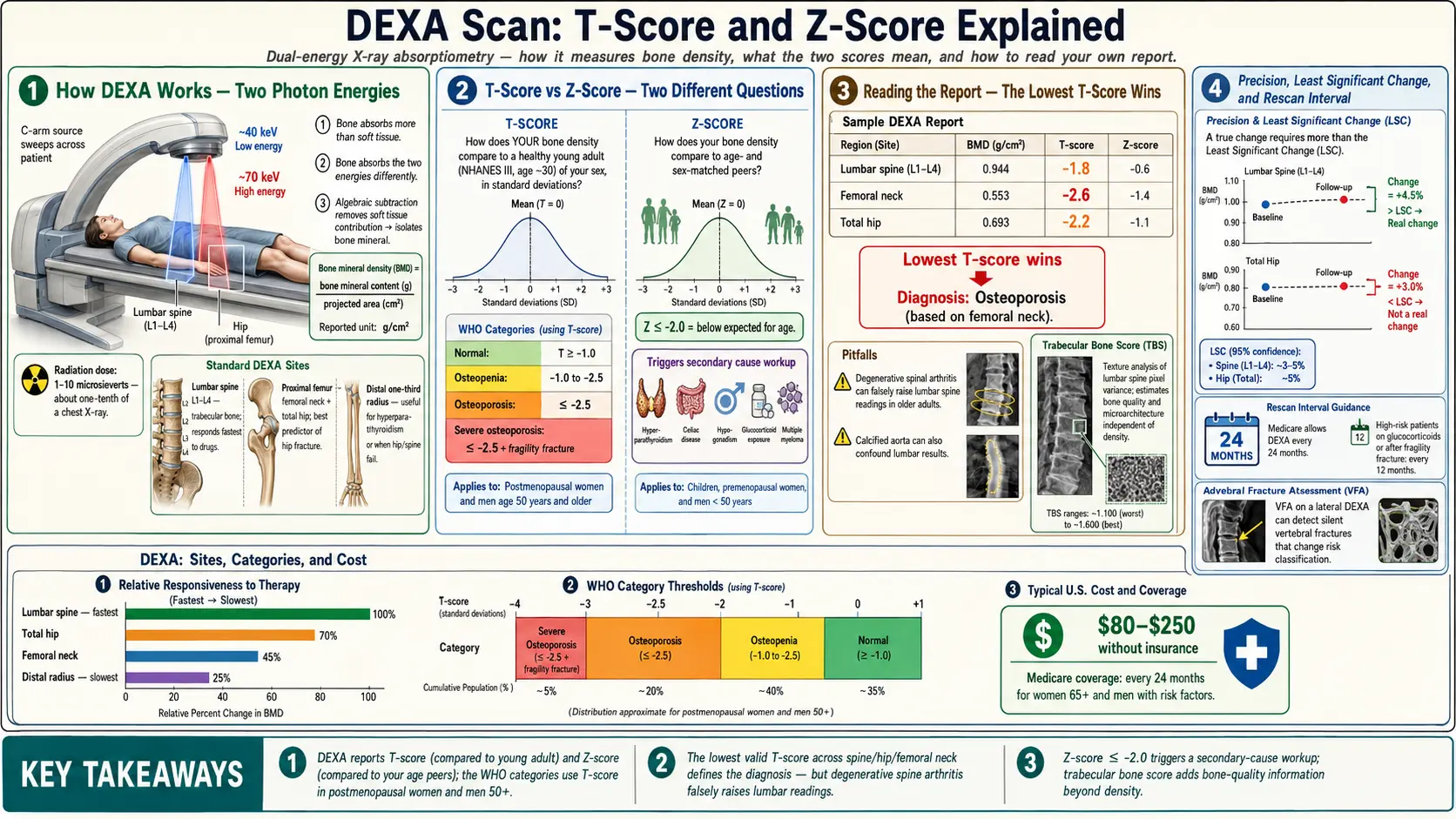 DEXA Scan T Score and Z Score Explained — scientific infographic poster