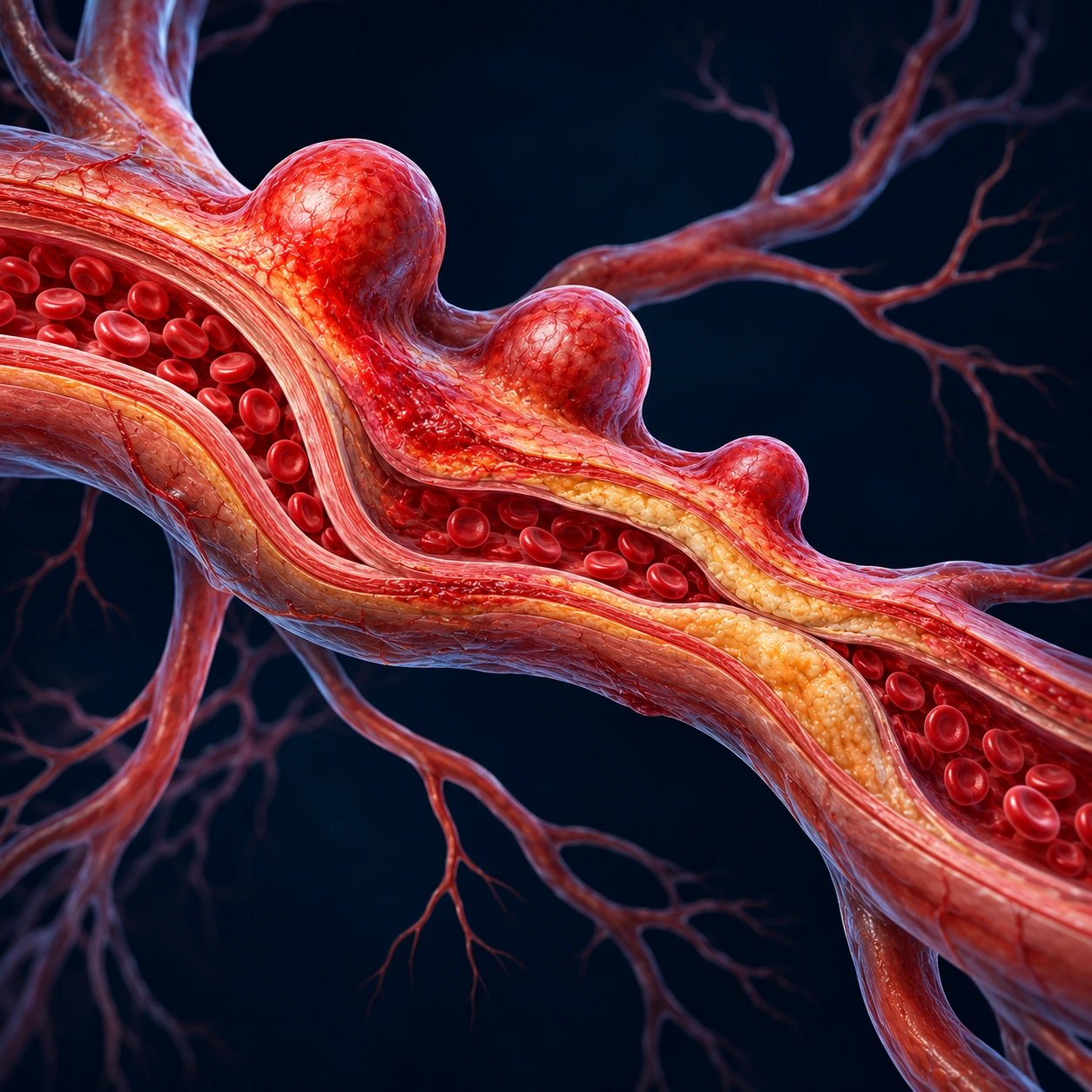 Inflamed medium-sized artery with small bead-like aneurysms