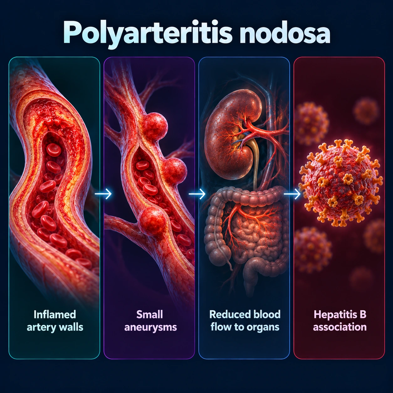 Infographic: inflamed artery walls, aneurysms, reduced blood flow and hepatitis B