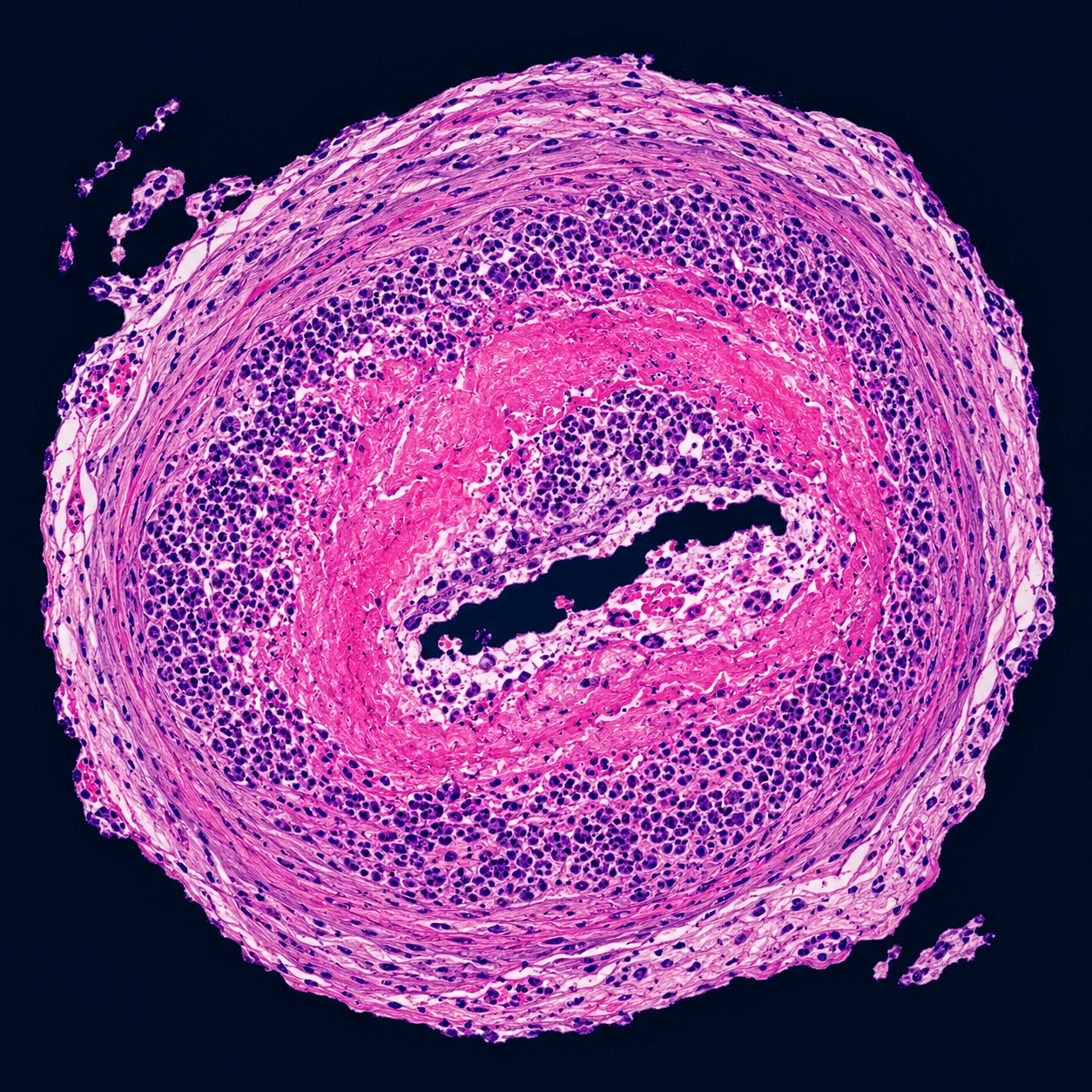 Histology of an artery wall with fibrinoid necrosis and inflammatory cells