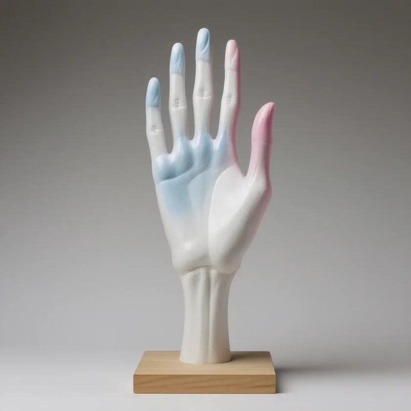 Fingers turning white then blue, as a teaching model