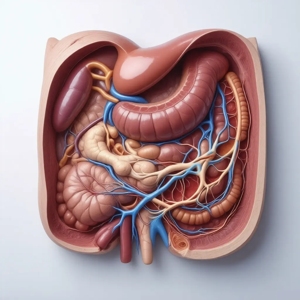 Anatomical cross-section illustrating organs affected by Abdominal Pain or Discomfort