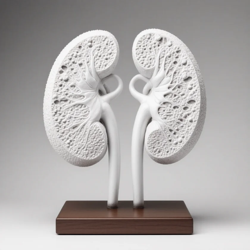 A kidney filled with oxalate deposits, as a teaching model