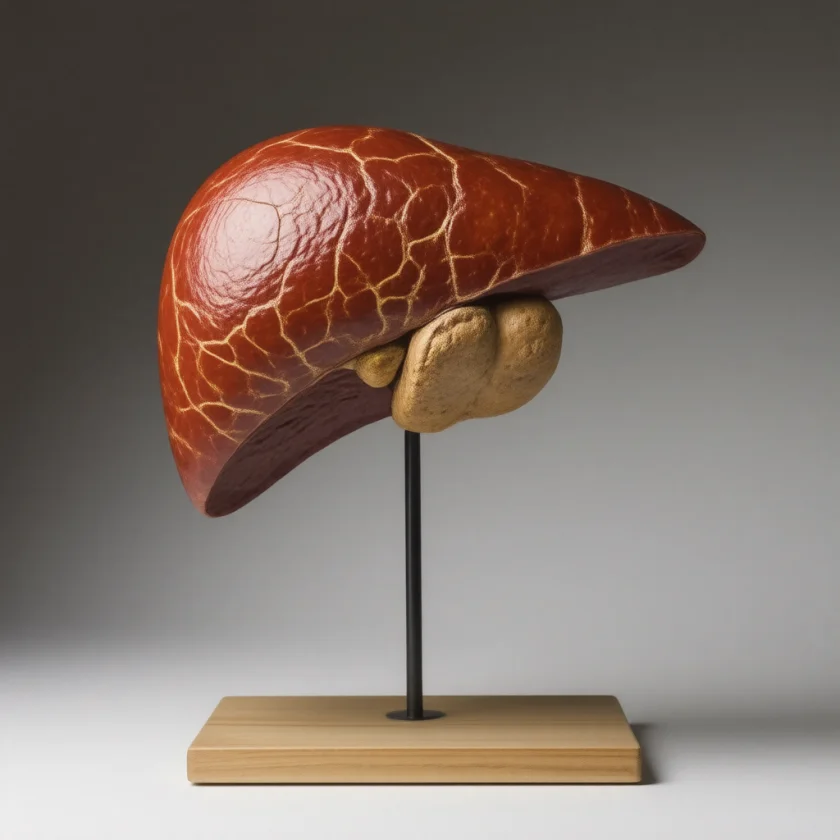 A fatty liver with scarring, shown as a teaching model
