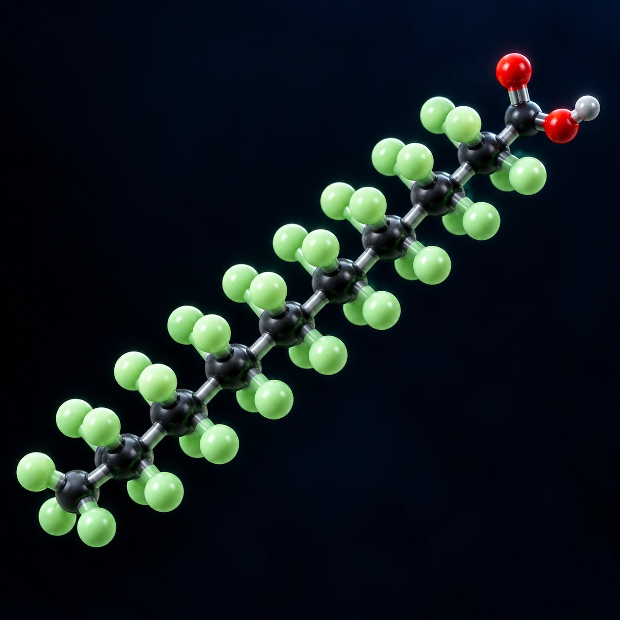 3-D model of a fluorinated carbon chain molecule