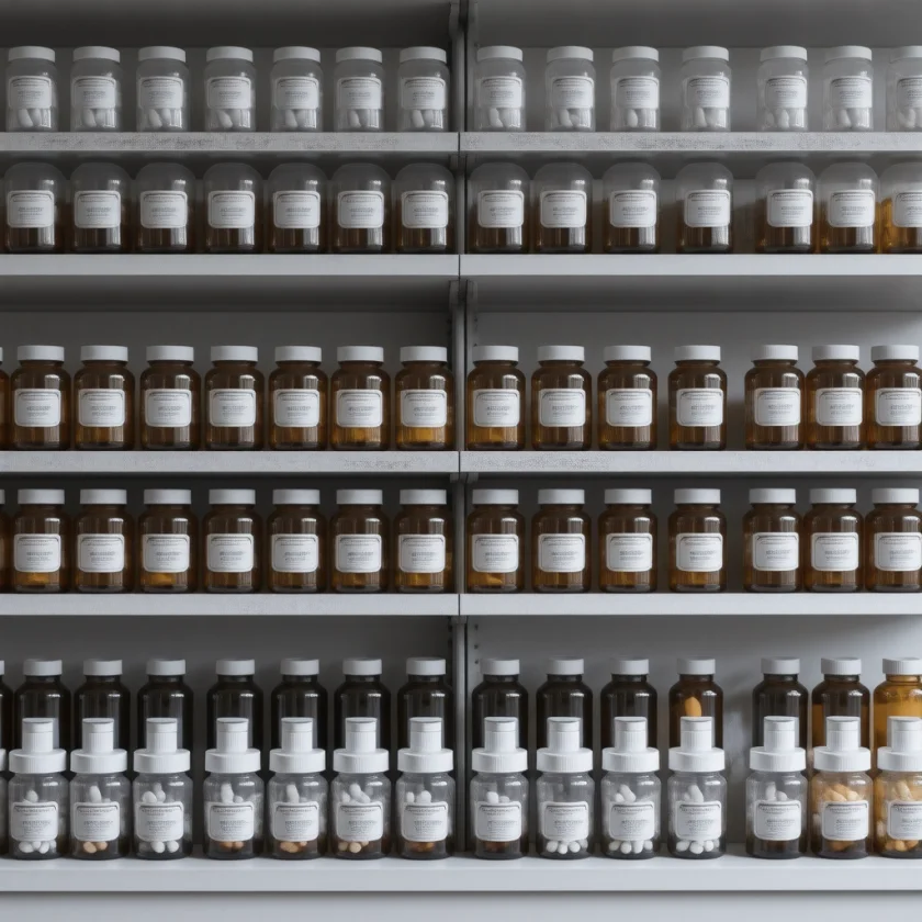 Prescription bottles on a pharmacy shelf