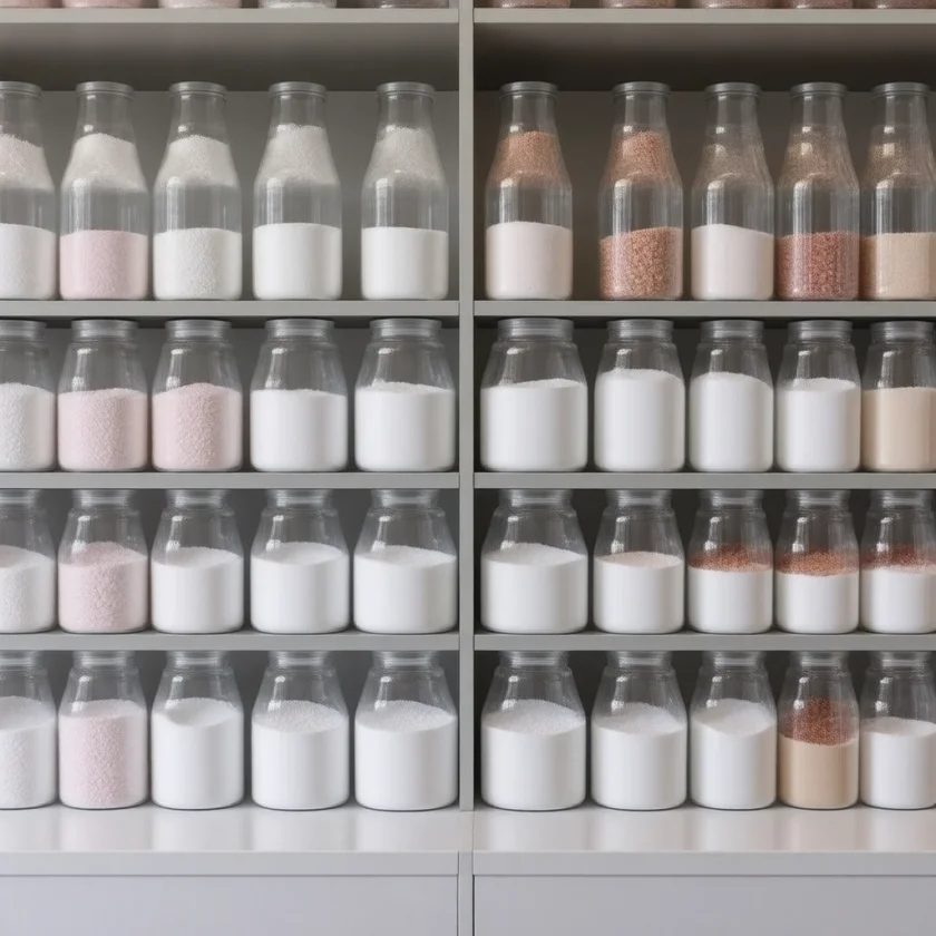 Food additive samples on a laboratory shelf