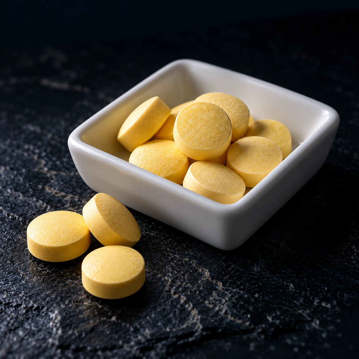 Plain pale yellow tablets in a tray