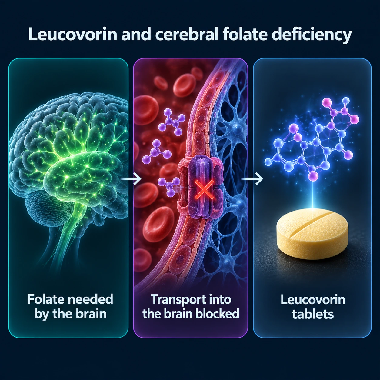 Infographic: folate needed by the brain, transport blocked, leucovorin tablets