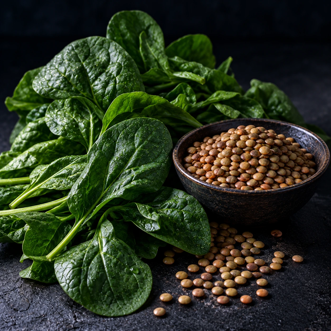 Spinach and a bowl of lentils on a dark surface