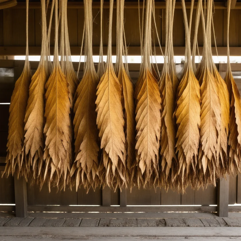 Tobacco leaves curing in a barn