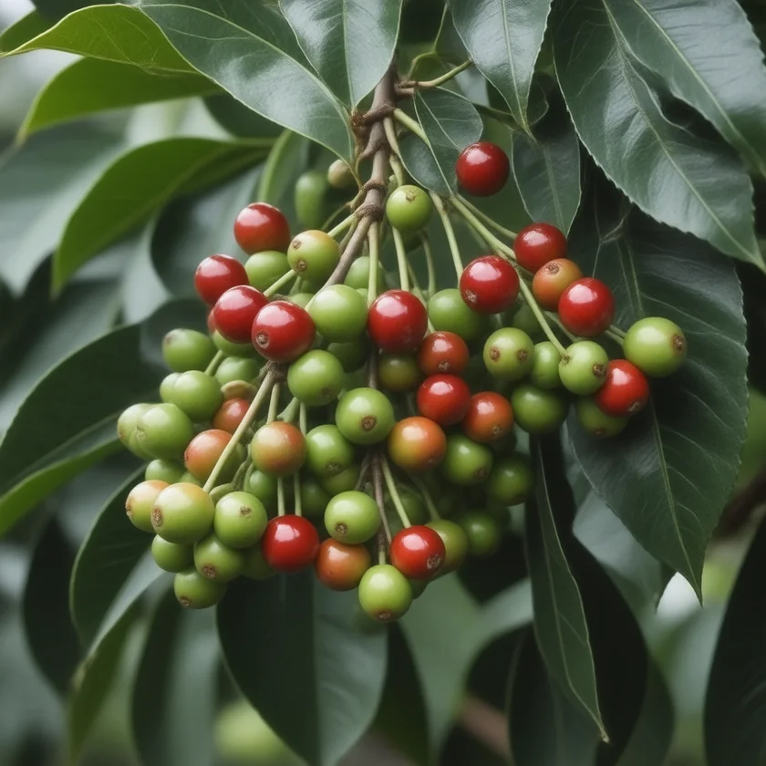 Coffee cherries ripening on the plant