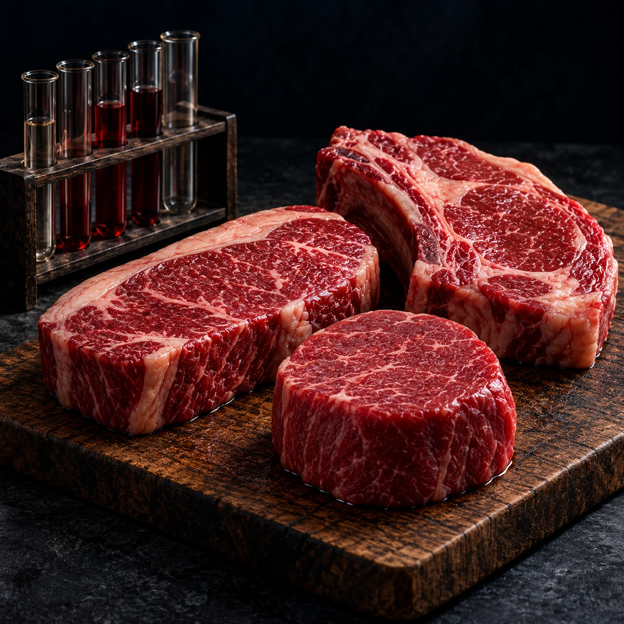 Raw meat cuts beside test tubes on a dark surface