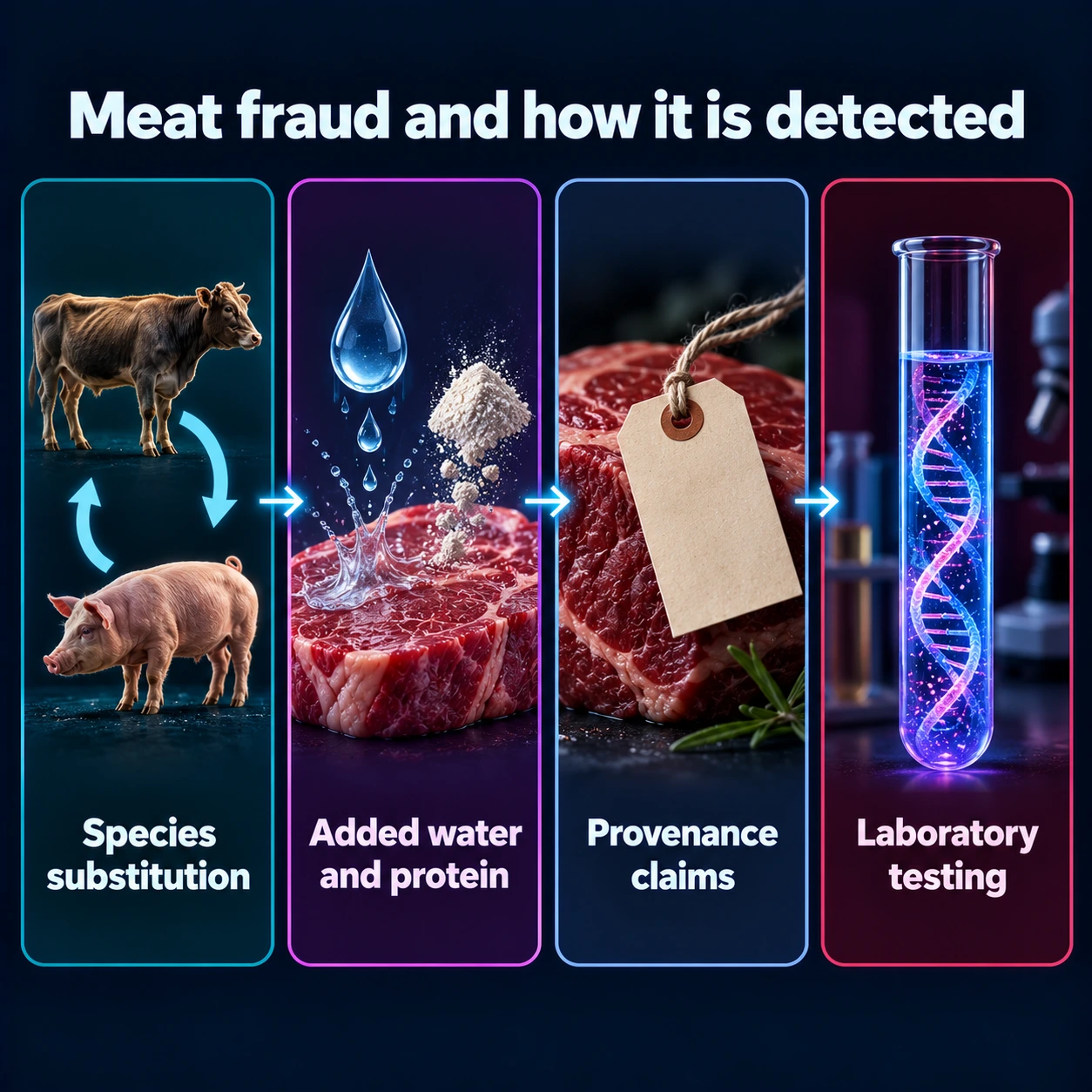 Infographic: species substitution, added water and protein, provenance claims and laboratory testing