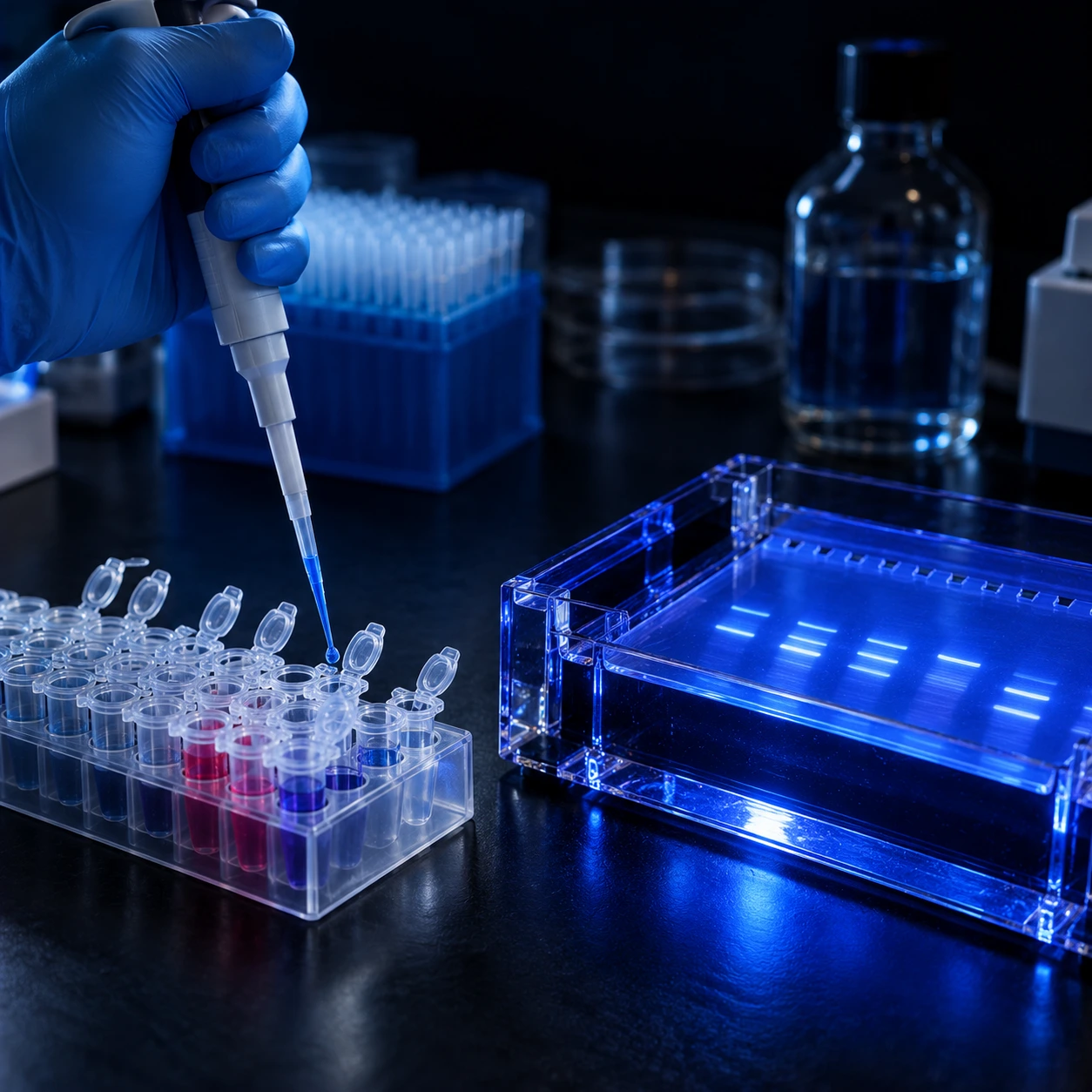 Gloved hand pipetting samples beside a glowing gel plate