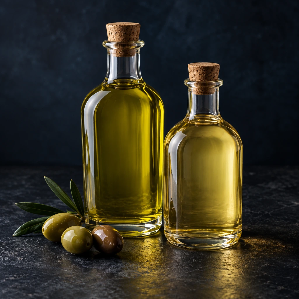 Two unlabeled bottles of oil of different colours beside olives