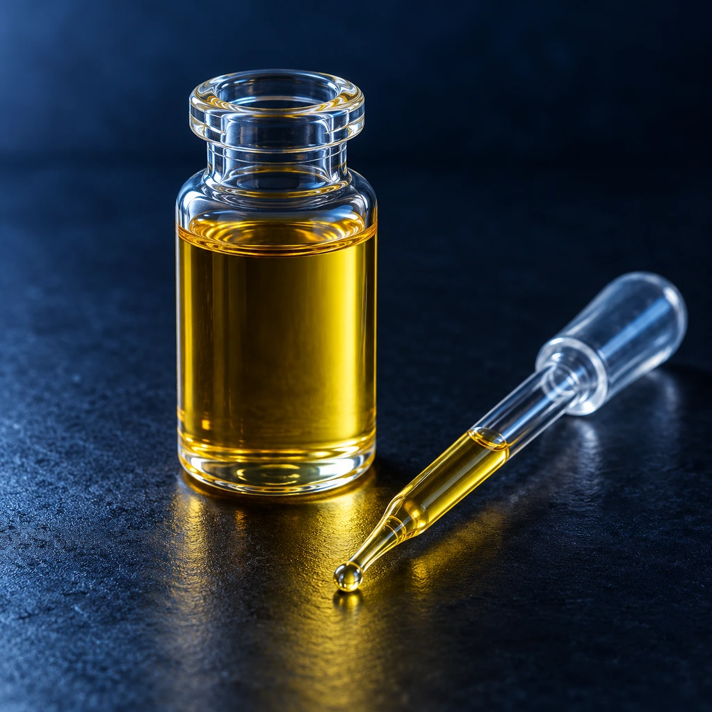 Glass vial of oil and a pipette under a lab lamp
