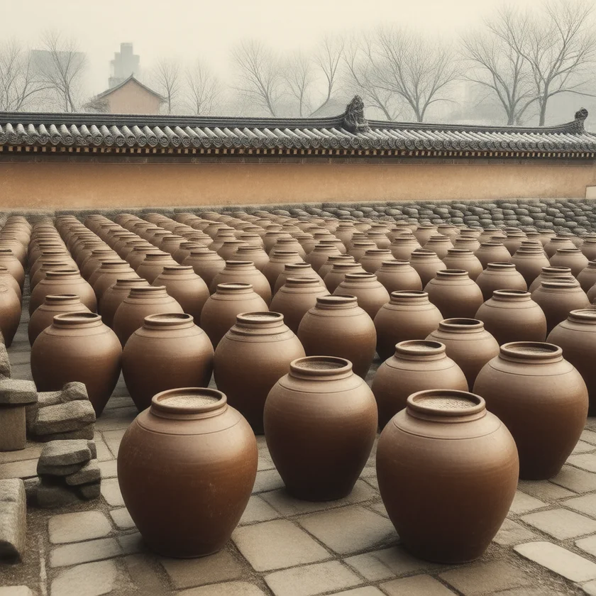 Earthenware kimchi jars in a Korean courtyard