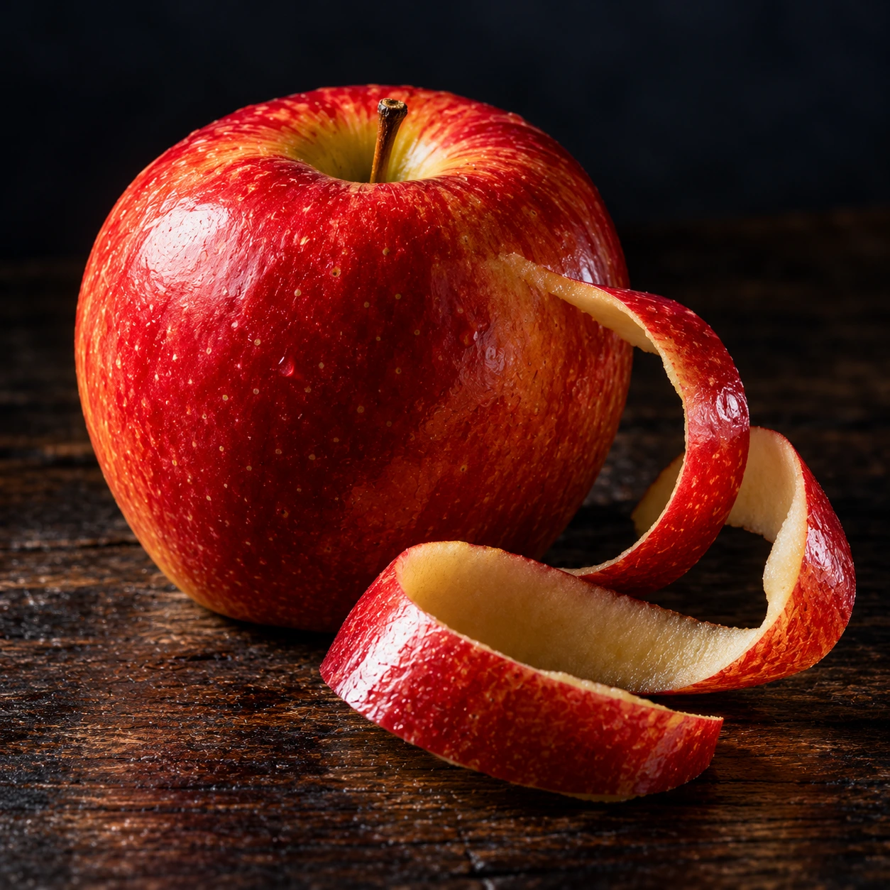 Red apple with a curling strip of peel