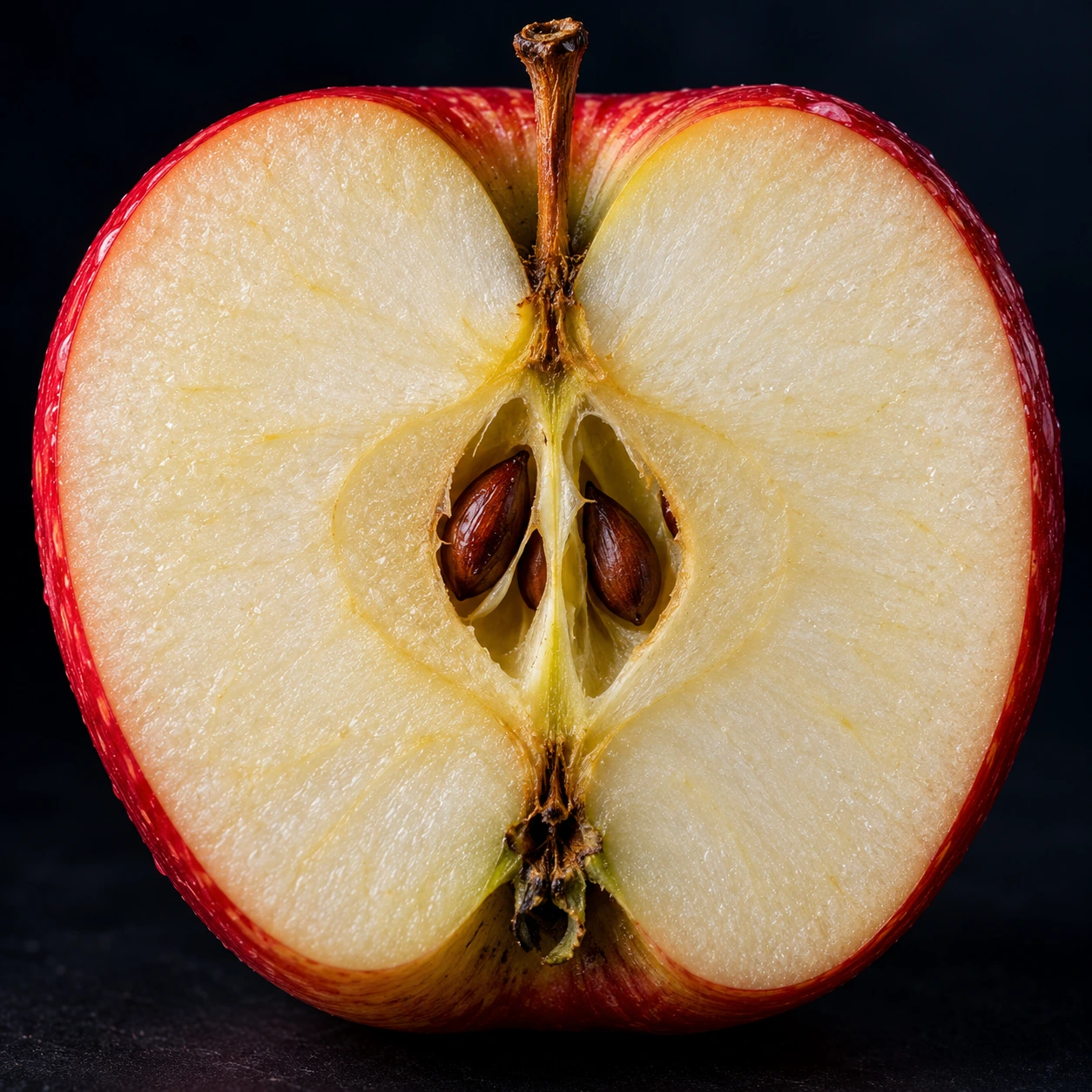 Apple cut in half showing skin, flesh and seeds