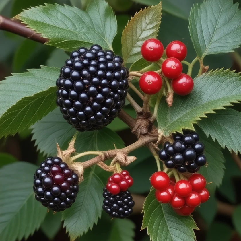 Blackberries ripening on the bramble