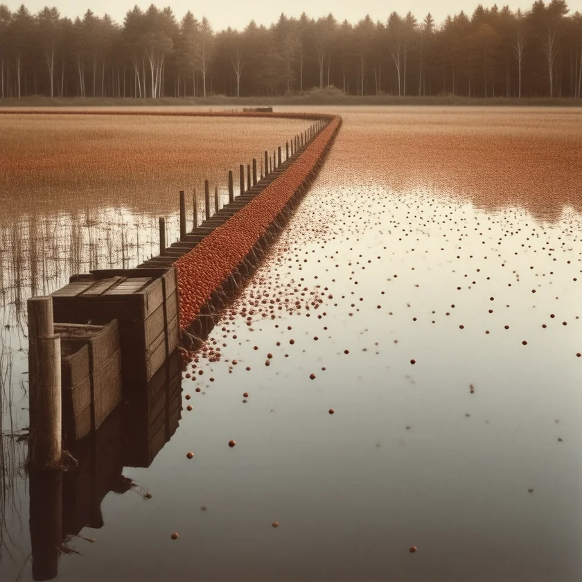 Floating cranberries gathered on a flooded bog
