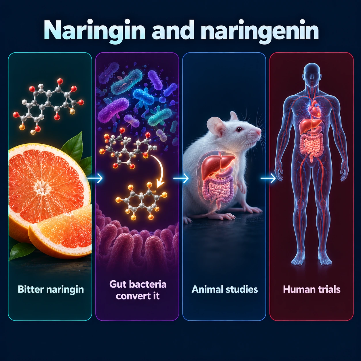 Infographic: naringin, gut bacteria, animal studies and human trials