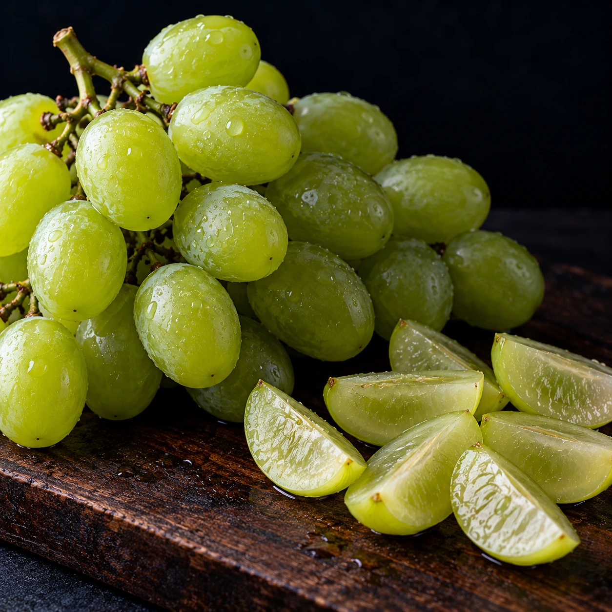 Whole grapes beside grapes cut into quarters