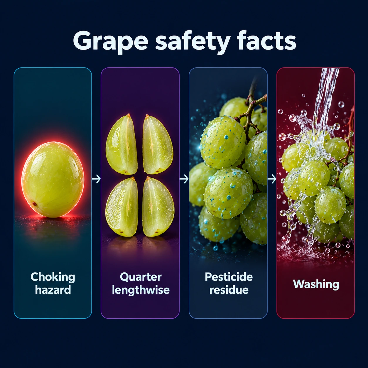 Infographic: choking hazard, quartering, pesticide residue and washing