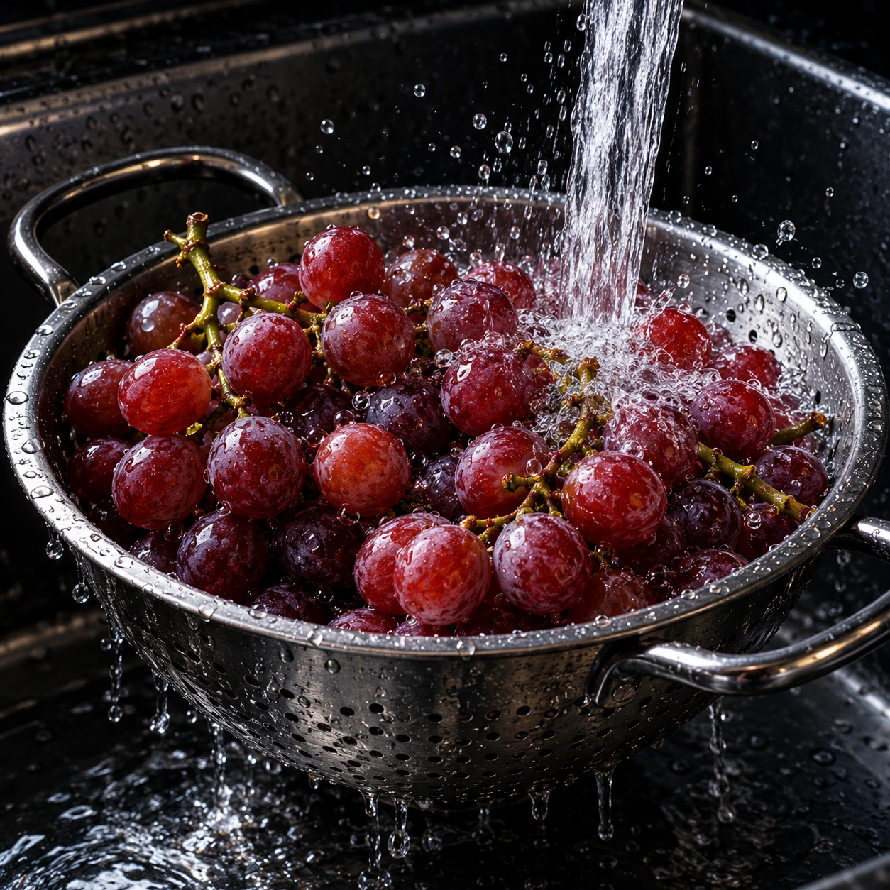 Colander of red grapes under running water