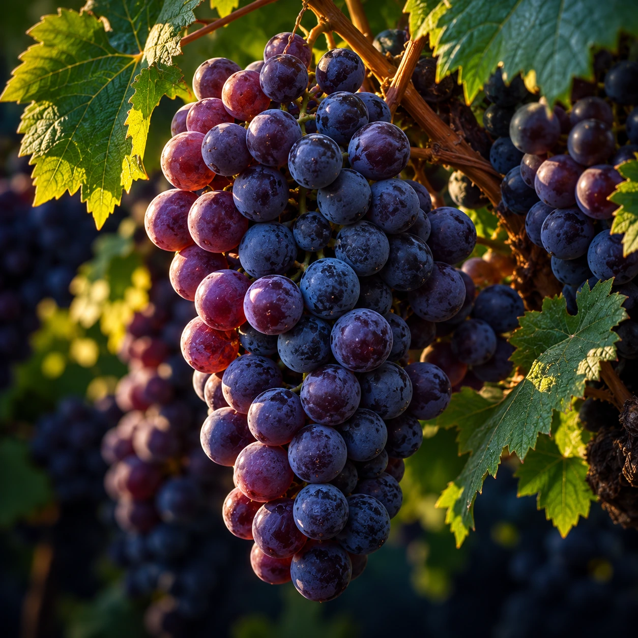 Cluster of dark purple grapes on the vine