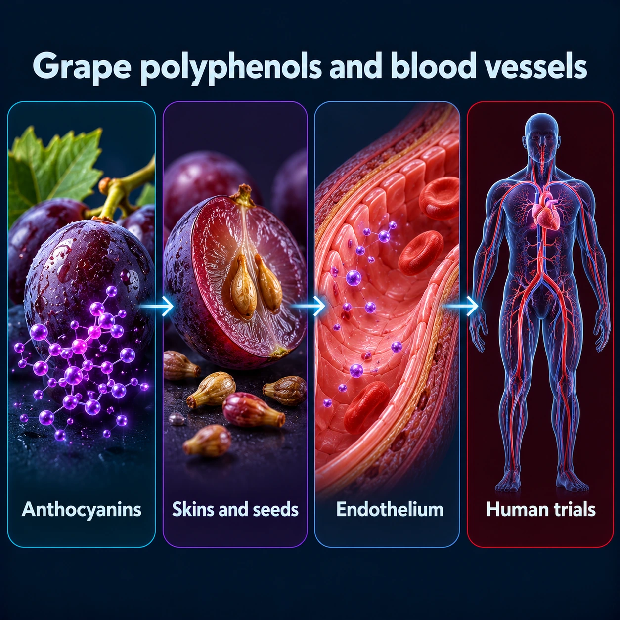 Infographic: anthocyanins, skins and seeds, endothelium and human trials
