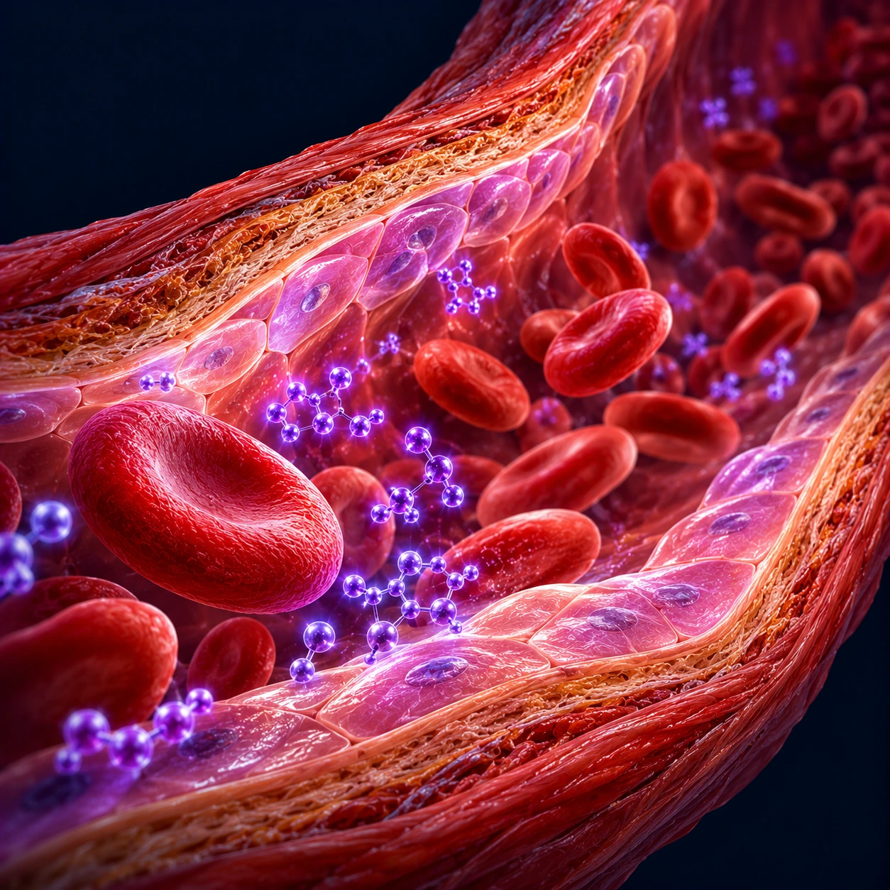 Illustration of a blood vessel lining with purple molecules