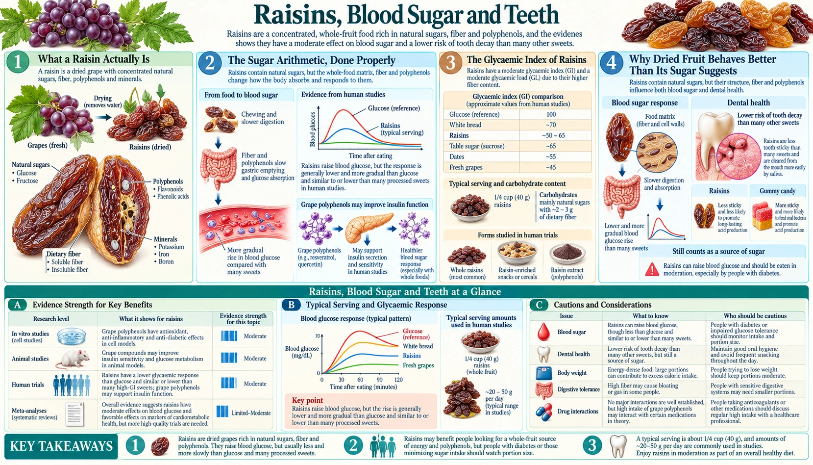 Raisins Blood Sugar and Teeth — scientific infographic poster