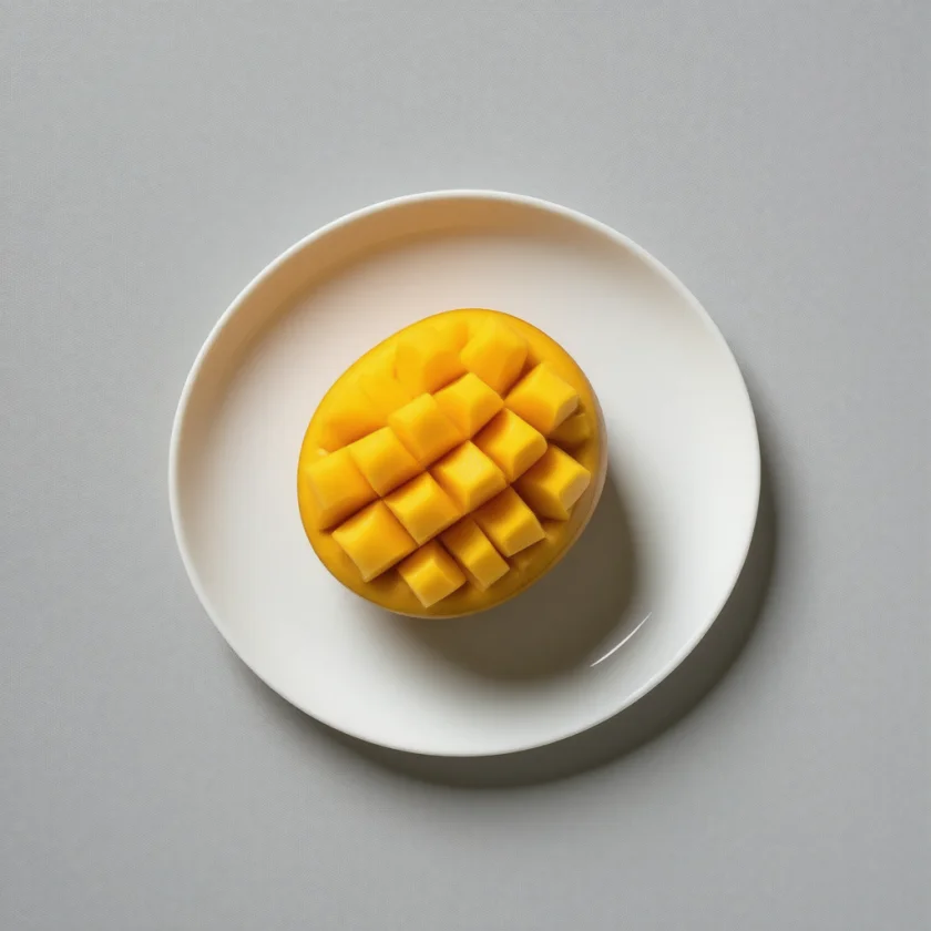 A mango half cut into cubes