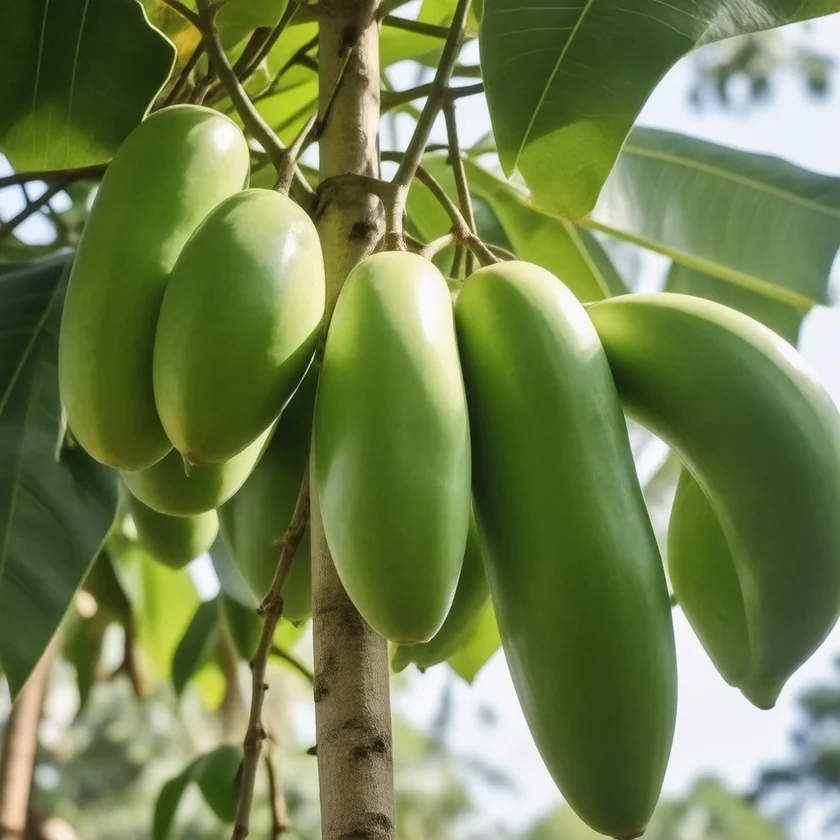 Papayas growing around the trunk of the tree
