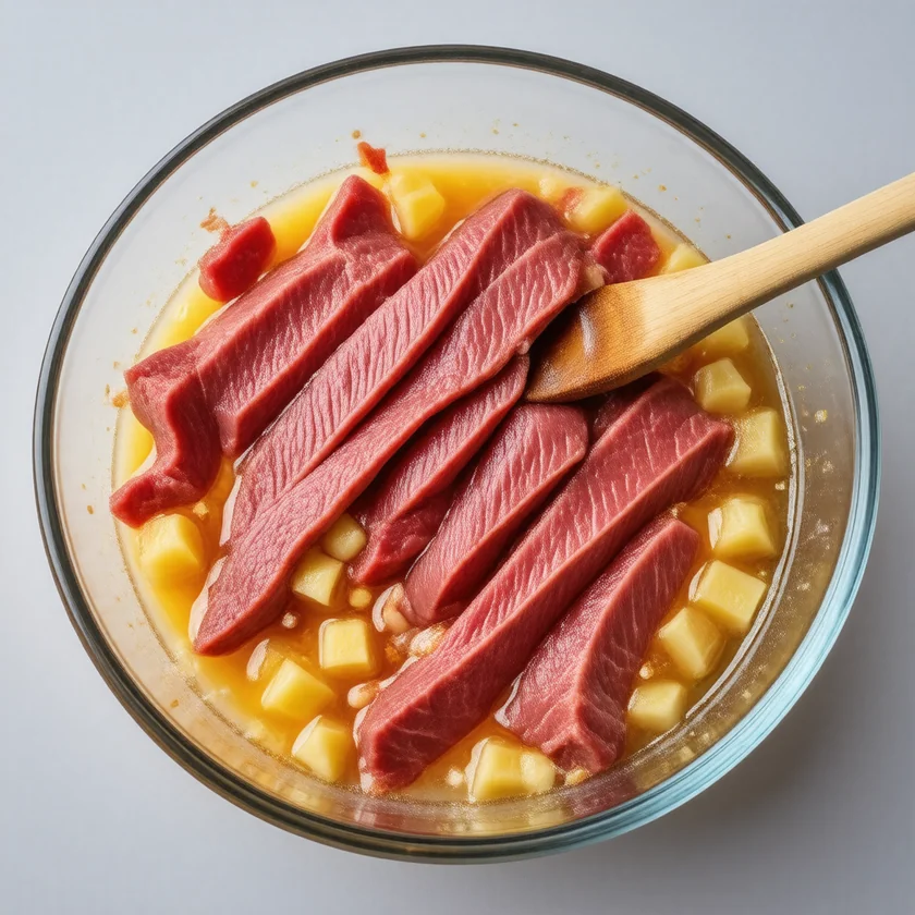 Raw beef softening in a fresh pineapple marinade