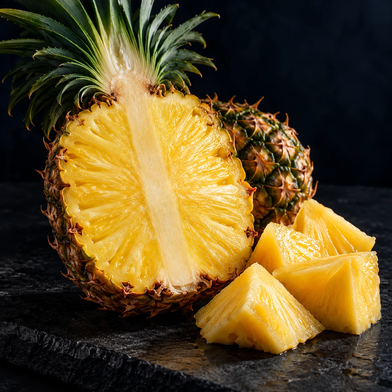 Fresh pineapple cut open showing golden flesh
