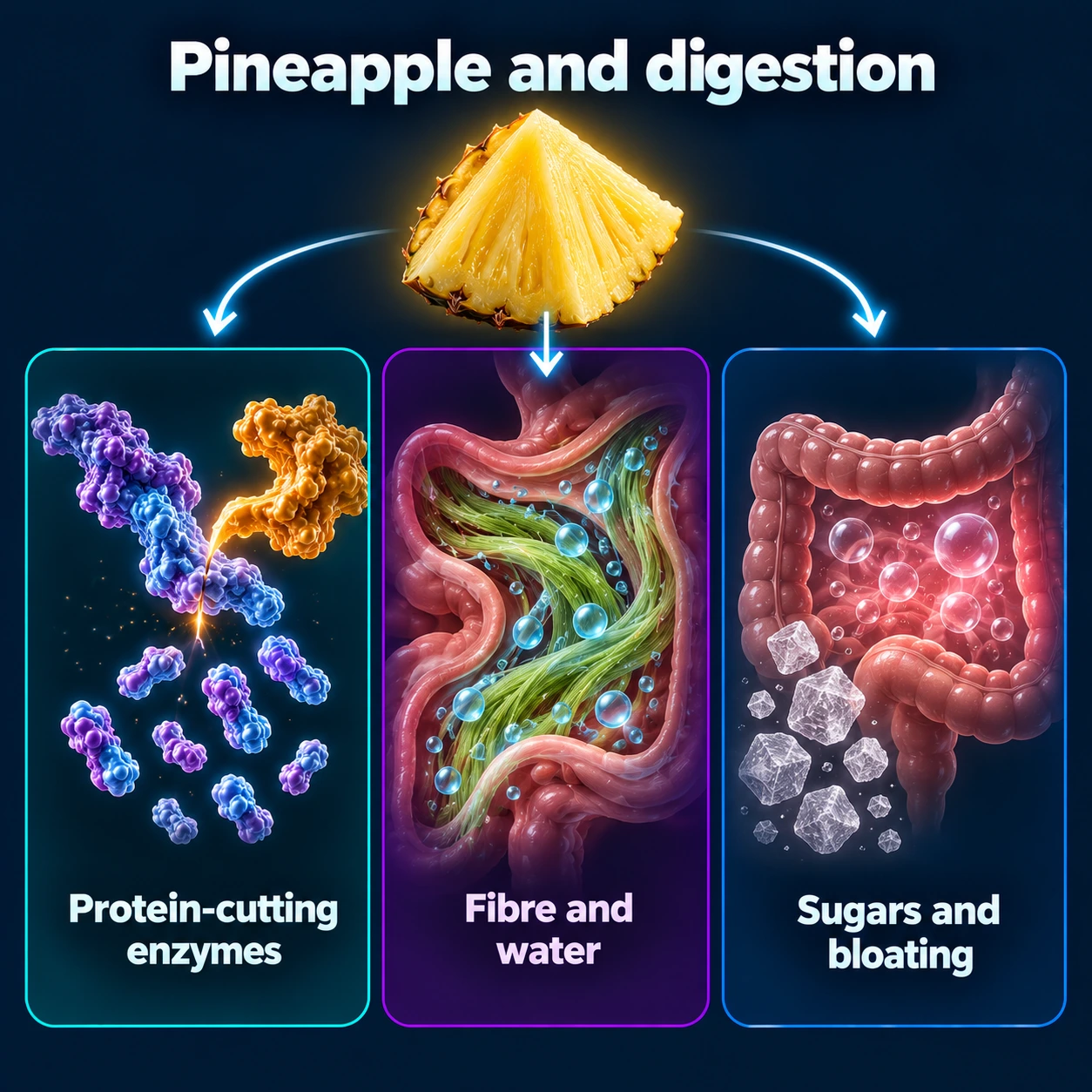 Infographic: protein-cutting enzymes, fibre and water, sugars and bloating