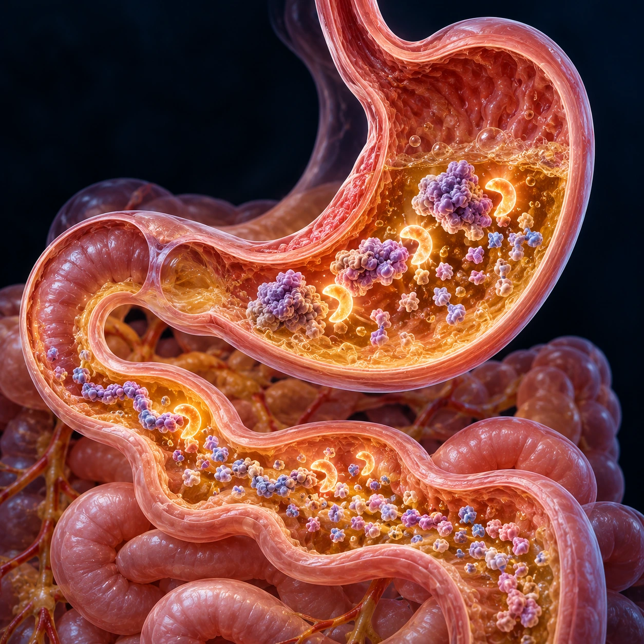 Illustration of the stomach and small intestine digesting protein