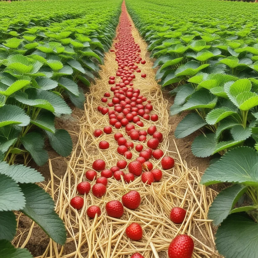 Strawberries grown on straw between the rows