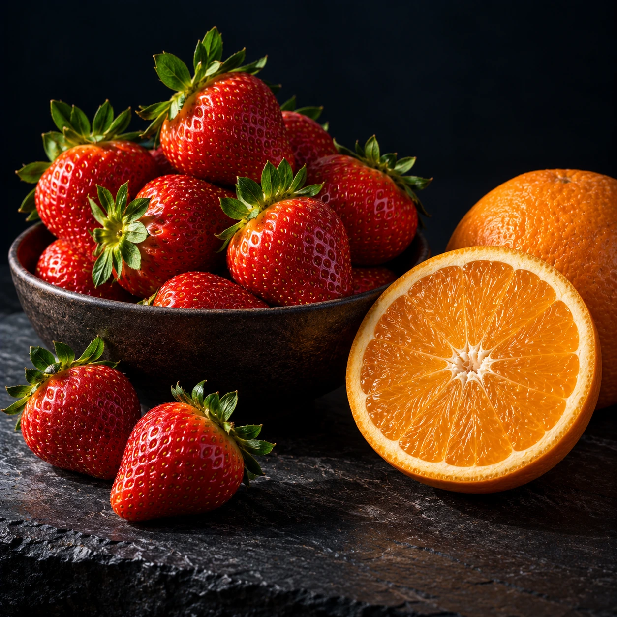 Bowl of strawberries beside a halved orange