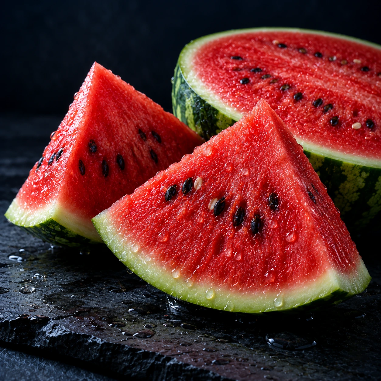 Juicy watermelon wedges with water droplets