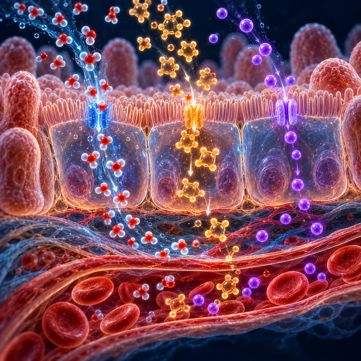 Illustration of water and electrolytes absorbed through the gut