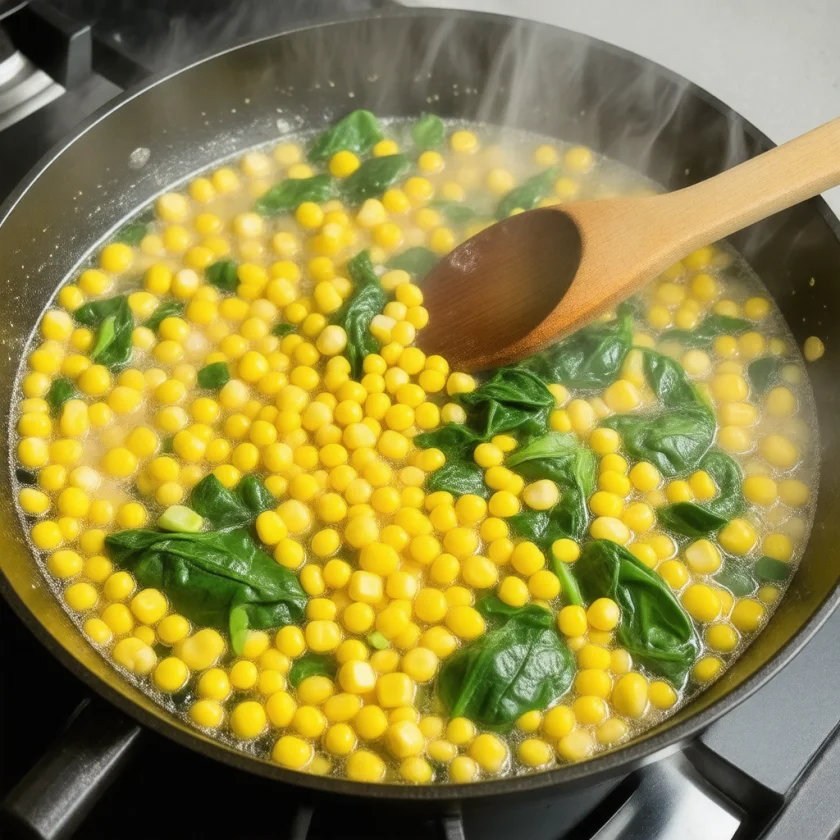 Corn cooked with spinach and olive oil