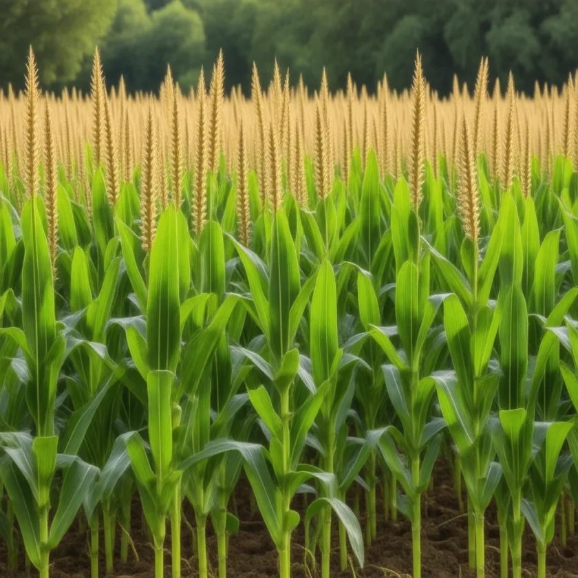 Corn ears ripening on tall stalks