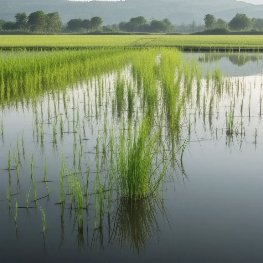 Rice growing in a flooded paddy